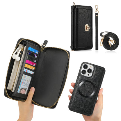 For iPhone 13 MagSafe Crossbody Multi-functional Zipper Wallet Litchi Leather Phone Case(Black) - iPhone 13 Cases by buy2fix | Online Shopping UK | buy2fix