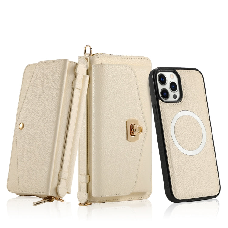 For iPhone 12 MagSafe Crossbody Multi-functional Zipper Wallet Litchi Leather Phone Case(White) - iPhone 12 / 12 Pro Cases by buy2fix | Online Shopping UK | buy2fix