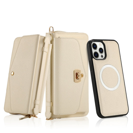 For iPhone 12 MagSafe Crossbody Multi-functional Zipper Wallet Litchi Leather Phone Case(White) - iPhone 12 / 12 Pro Cases by buy2fix | Online Shopping UK | buy2fix