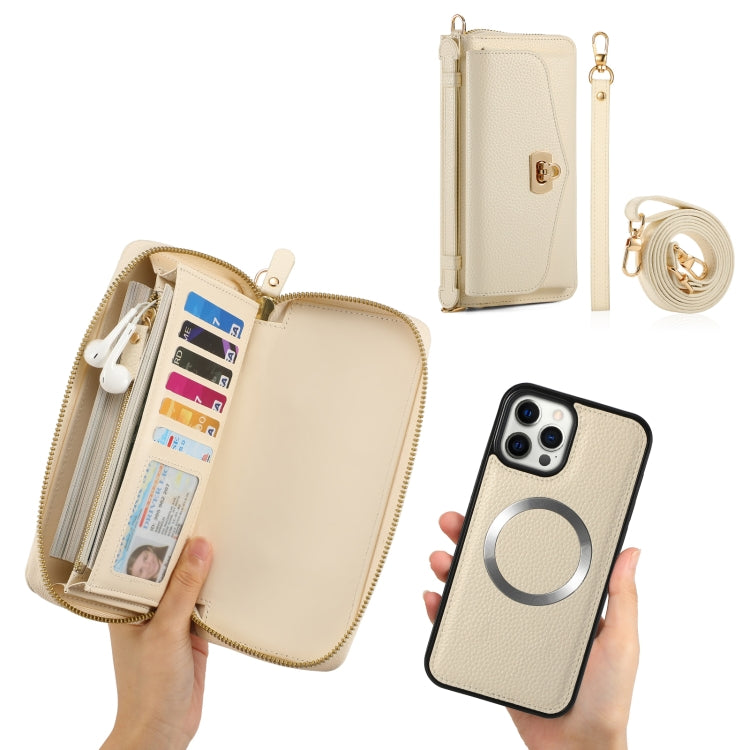 For iPhone 12 MagSafe Crossbody Multi-functional Zipper Wallet Litchi Leather Phone Case(White) - iPhone 12 / 12 Pro Cases by buy2fix | Online Shopping UK | buy2fix