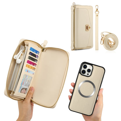 For iPhone 12 MagSafe Crossbody Multi-functional Zipper Wallet Litchi Leather Phone Case(White) - iPhone 12 / 12 Pro Cases by buy2fix | Online Shopping UK | buy2fix