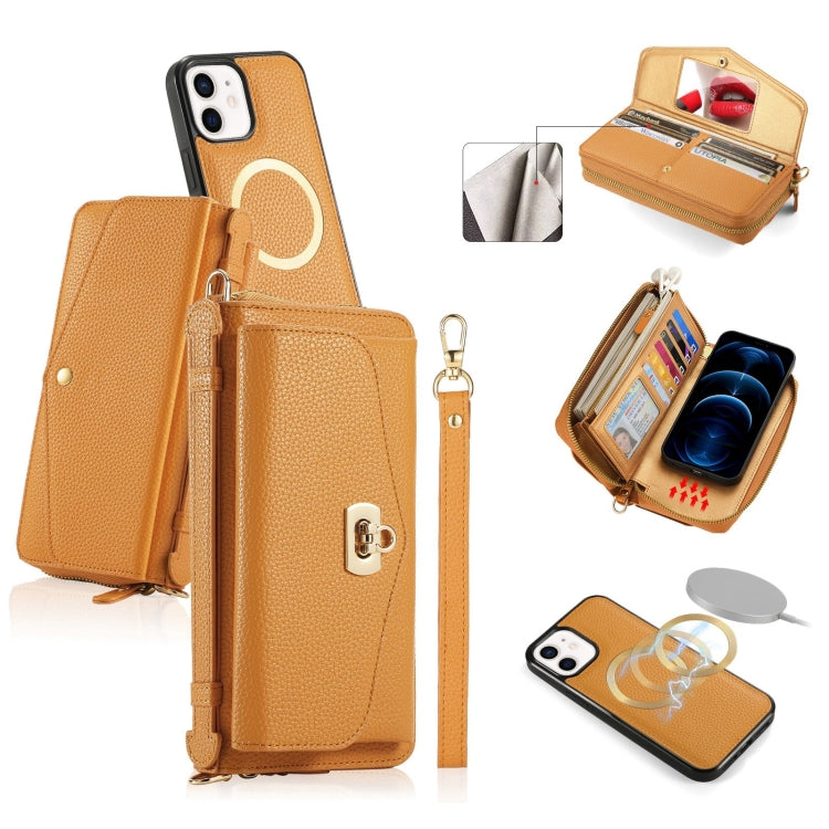 For iPhone 12 MagSafe Crossbody Multi-functional Zipper Wallet Litchi Leather Phone Case(Orange) - iPhone 12 / 12 Pro Cases by buy2fix | Online Shopping UK | buy2fix