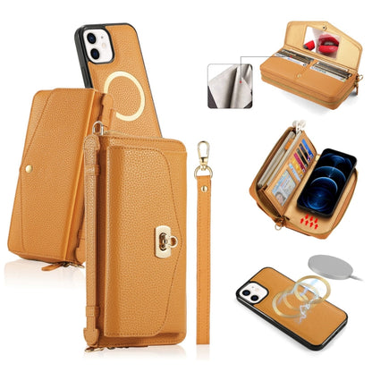 For iPhone 12 MagSafe Crossbody Multi-functional Zipper Wallet Litchi Leather Phone Case(Orange) - iPhone 12 / 12 Pro Cases by buy2fix | Online Shopping UK | buy2fix