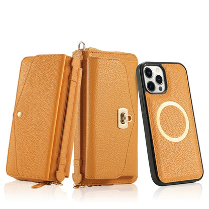 For iPhone 12 MagSafe Crossbody Multi-functional Zipper Wallet Litchi Leather Phone Case(Orange) - iPhone 12 / 12 Pro Cases by buy2fix | Online Shopping UK | buy2fix