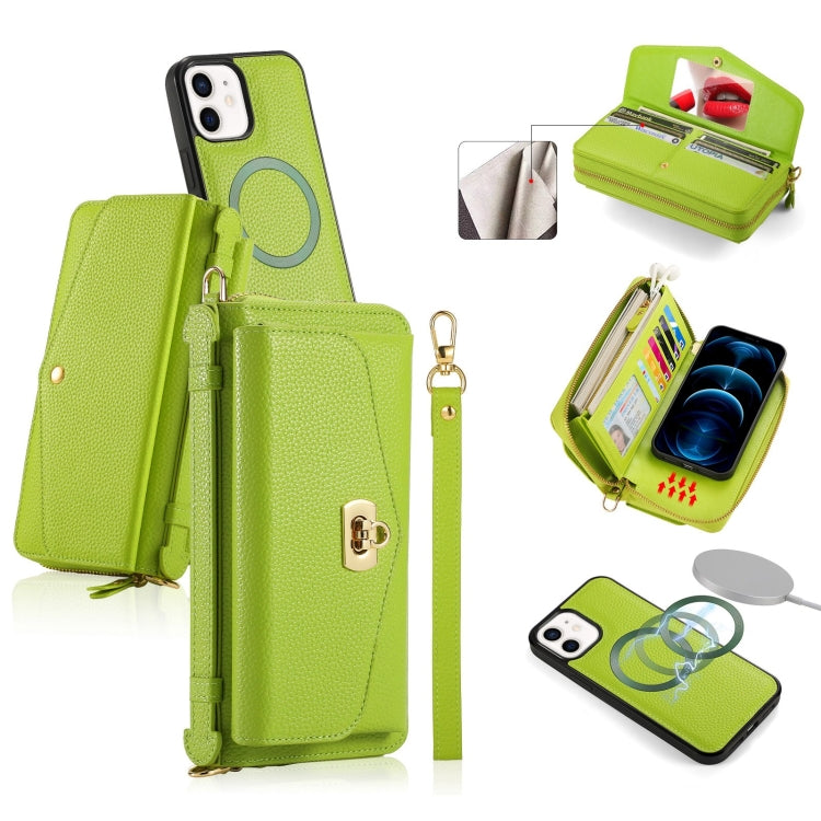 For iPhone 12 MagSafe Crossbody Multi-functional Zipper Wallet Litchi Leather Phone Case(Green) - iPhone 12 / 12 Pro Cases by buy2fix | Online Shopping UK | buy2fix