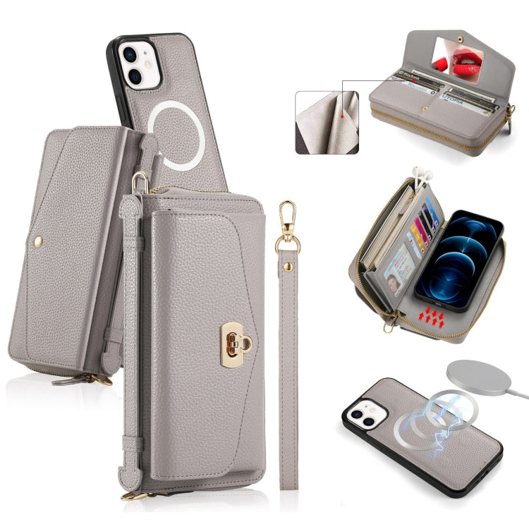 For iPhone 12 MagSafe Crossbody Multi-functional Zipper Wallet Litchi Leather Phone Case(Grey) - iPhone 12 / 12 Pro Cases by buy2fix | Online Shopping UK | buy2fix