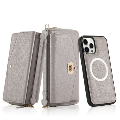 For iPhone 12 MagSafe Crossbody Multi-functional Zipper Wallet Litchi Leather Phone Case(Grey) - iPhone 12 / 12 Pro Cases by buy2fix | Online Shopping UK | buy2fix