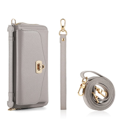 For iPhone 12 MagSafe Crossbody Multi-functional Zipper Wallet Litchi Leather Phone Case(Grey) - iPhone 12 / 12 Pro Cases by buy2fix | Online Shopping UK | buy2fix