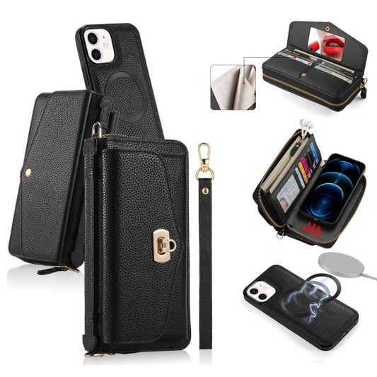 For iPhone 12 MagSafe Crossbody Multi-functional Zipper Wallet Litchi Leather Phone Case(Black) by buy2fix