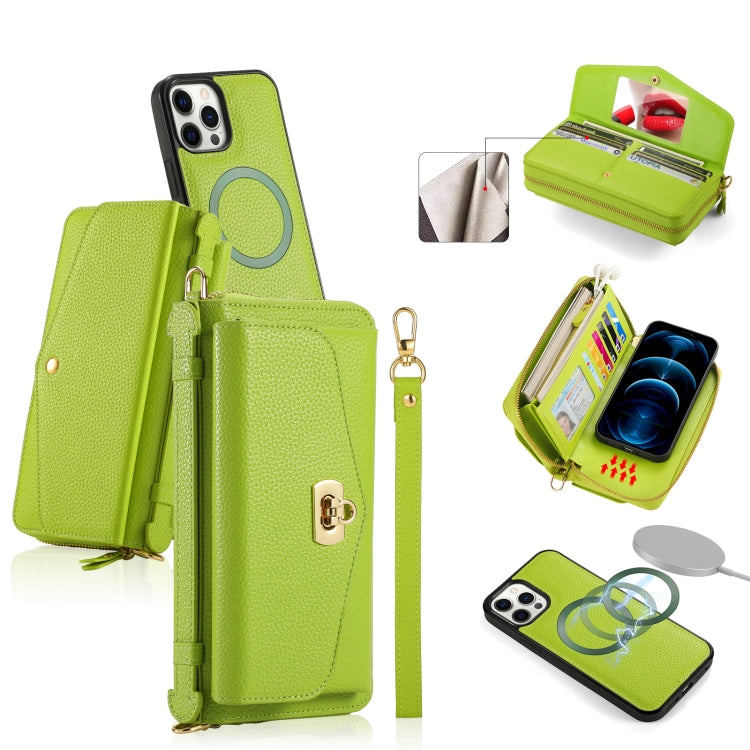 For iPhone 12 Pro Max MagSafe Crossbody Multi-functional Zipper Wallet Litchi Leather Phone Case(Green) - iPhone 12 Pro Max Cases by buy2fix | Online Shopping UK | buy2fix