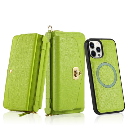 For iPhone 12 Pro Max MagSafe Crossbody Multi-functional Zipper Wallet Litchi Leather Phone Case(Green) - iPhone 12 Pro Max Cases by buy2fix | Online Shopping UK | buy2fix