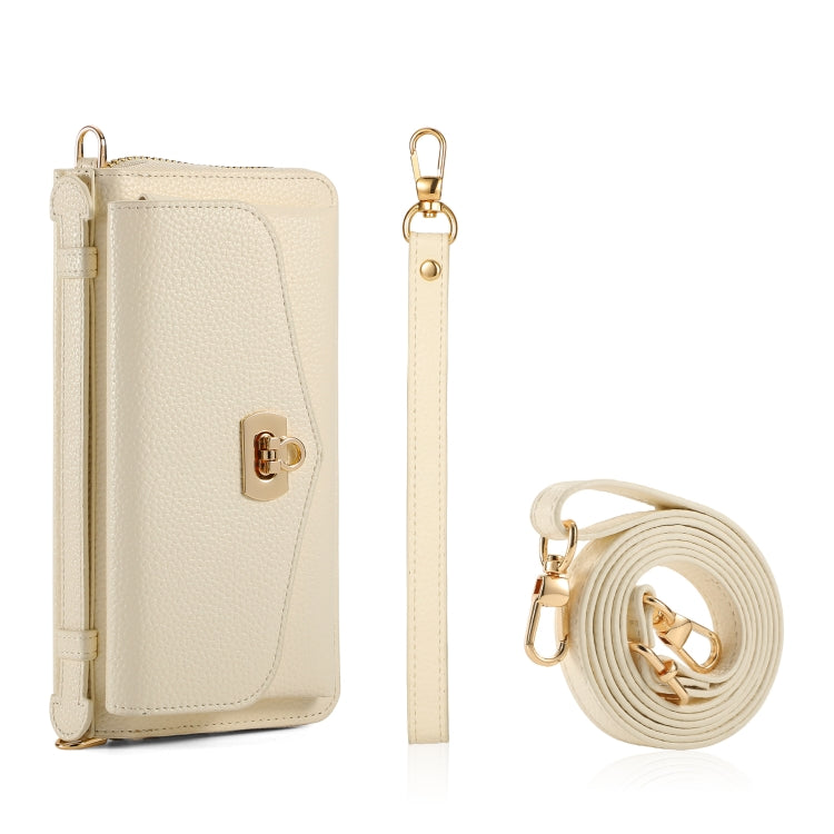 For iPhone 12 Pro MagSafe Crossbody Multi-functional Zipper Wallet Litchi Leather Phone Case(White) - iPhone 12 / 12 Pro Cases by buy2fix | Online Shopping UK | buy2fix