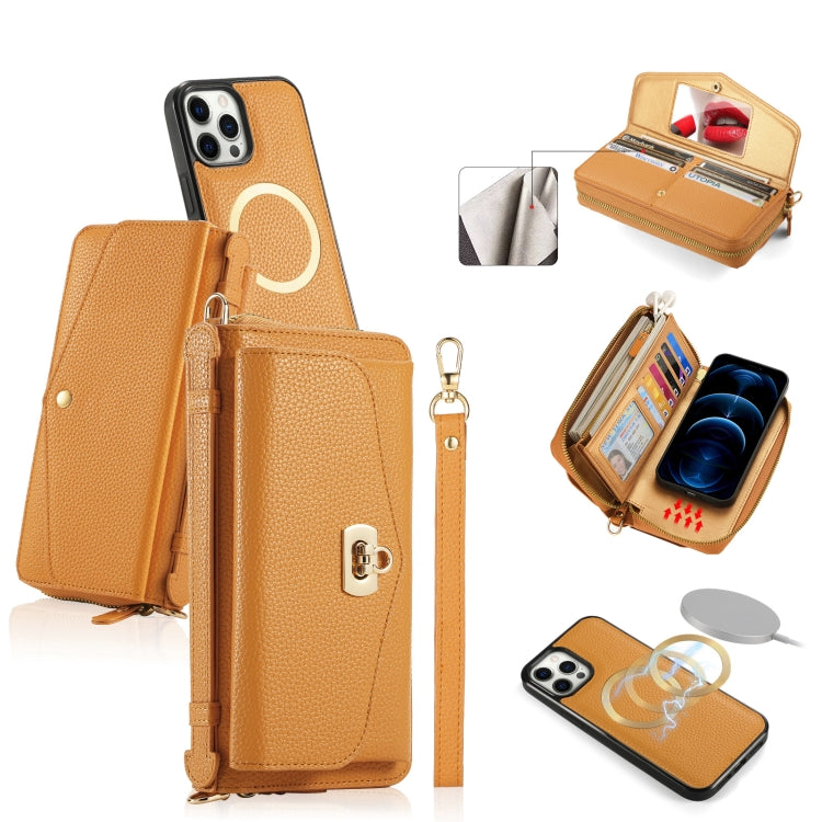 For iPhone 12 Pro MagSafe Crossbody Multi-functional Zipper Wallet Litchi Leather Phone Case(Orange) - iPhone 12 / 12 Pro Cases by buy2fix | Online Shopping UK | buy2fix