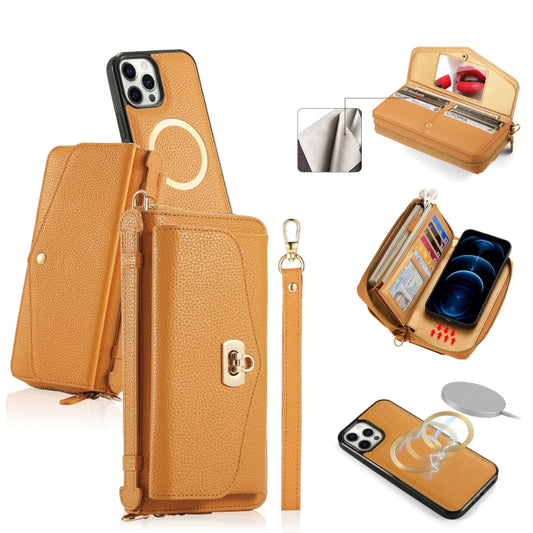 For iPhone 12 Pro MagSafe Crossbody Multi-functional Zipper Wallet Litchi Leather Phone Case(Orange) - iPhone 12 / 12 Pro Cases by buy2fix | Online Shopping UK | buy2fix