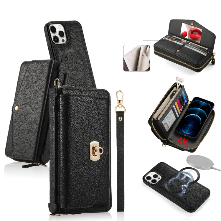 For iPhone 12 Pro MagSafe Crossbody Multi-functional Zipper Wallet Litchi Leather Phone Case(Black) - iPhone 12 / 12 Pro Cases by buy2fix | Online Shopping UK | buy2fix