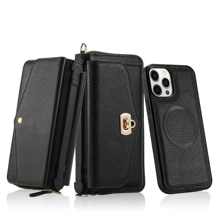For iPhone 12 Pro MagSafe Crossbody Multi-functional Zipper Wallet Litchi Leather Phone Case(Black) - iPhone 12 / 12 Pro Cases by buy2fix | Online Shopping UK | buy2fix