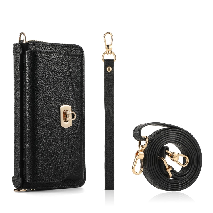 For iPhone 12 Pro MagSafe Crossbody Multi-functional Zipper Wallet Litchi Leather Phone Case(Black) - iPhone 12 / 12 Pro Cases by buy2fix | Online Shopping UK | buy2fix