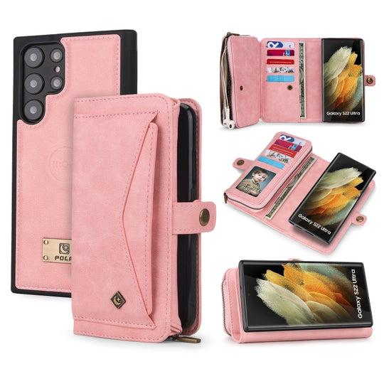 For Samsung Galaxy S22 Ultra 5G Multi-functional Zipper Wallet Leather Phone Case(Pink)