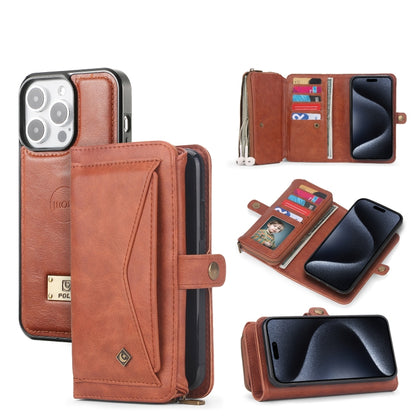 For iPhone 15 Pro Multi-functional Zipper Wallet Leather Phone Case(Brown) - iPhone 15 Pro Cases by buy2fix | Online Shopping UK | buy2fix