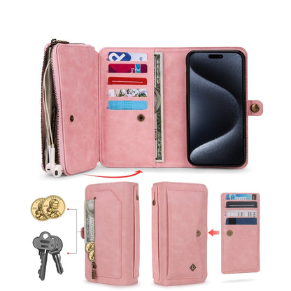 For iPhone 15 Plus Multi-functional Zipper Wallet Leather Phone Case(Pink) - iPhone 15 Plus Cases by buy2fix | Online Shopping UK | buy2fix
