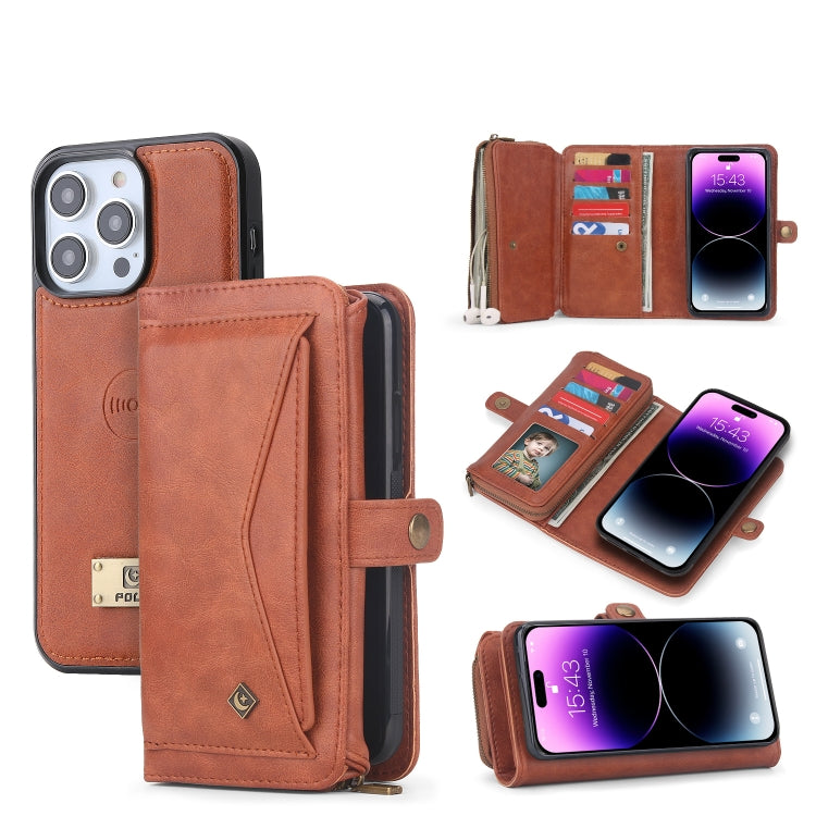 For iPhone 14 Plus Multi-functional Zipper Wallet Leather Phone Case(Brown) - iPhone 14 Plus Cases by buy2fix | Online Shopping UK | buy2fix
