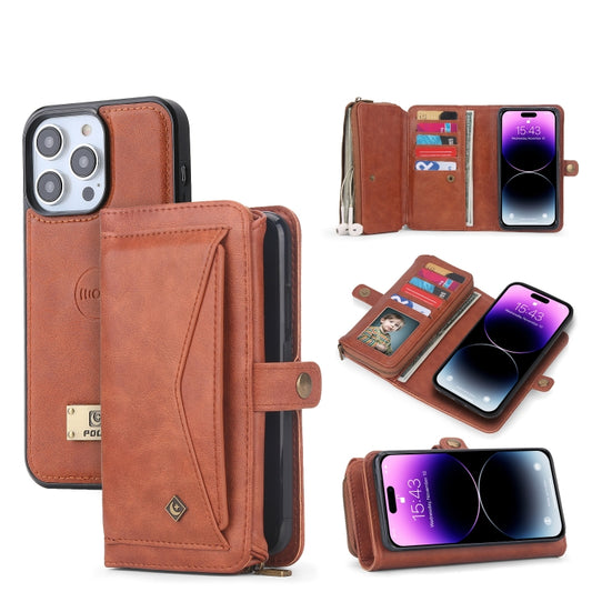 For iPhone 14 Plus Multi-functional Zipper Wallet Leather Phone Case(Brown) - iPhone 14 Plus Cases by buy2fix | Online Shopping UK | buy2fix