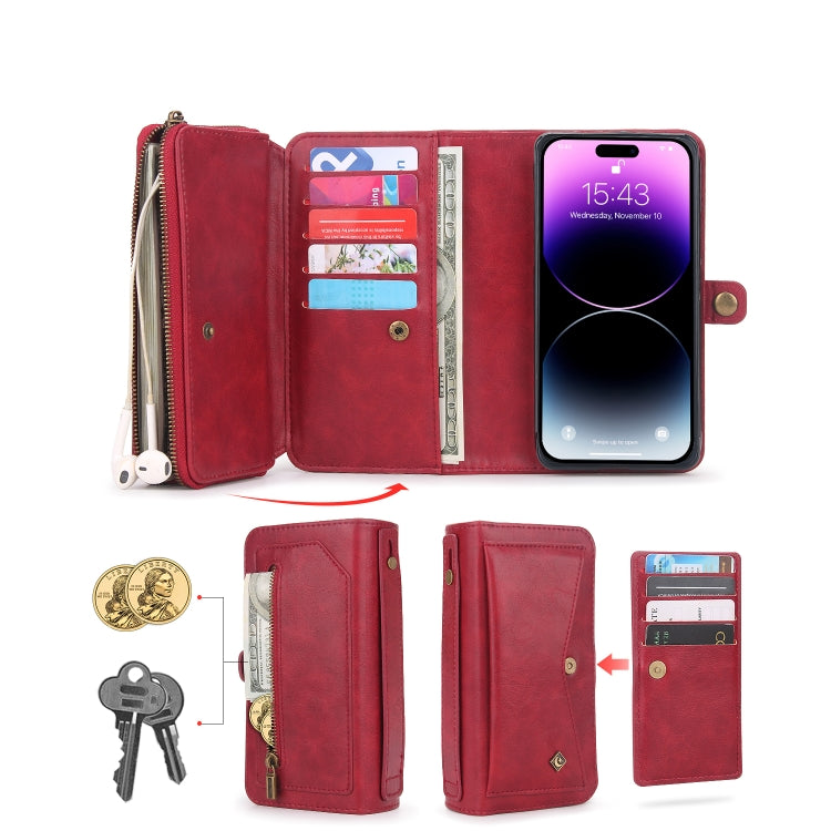 For iPhone 14 Plus Multi-functional Zipper Wallet Leather Phone Case(Red) - iPhone 14 Plus Cases by buy2fix | Online Shopping UK | buy2fix