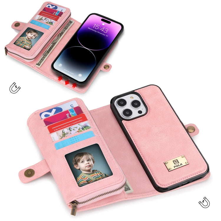 For iPhone 14 Plus Multi-functional Zipper Wallet Leather Phone Case(Pink) - iPhone 14 Plus Cases by buy2fix | Online Shopping UK | buy2fix