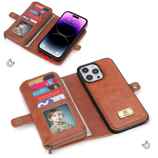 For iPhone 14 Pro Multi-functional Zipper Wallet Leather Phone Case(Brown) - iPhone 14 Pro Cases by buy2fix | Online Shopping UK | buy2fix