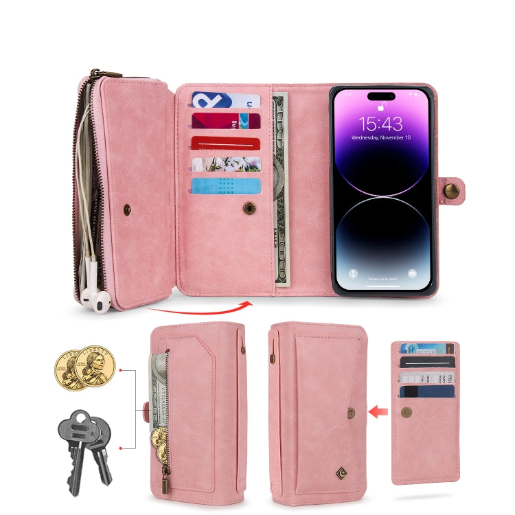 For iPhone 14 Pro Multi-functional Zipper Wallet Leather Phone Case(Pink) - iPhone 14 Pro Cases by buy2fix | Online Shopping UK | buy2fix