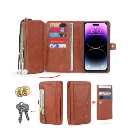 For iPhone 14 Pro Max Multi-functional Zipper Wallet Leather Phone Case(Brown) - iPhone 14 Pro Max Cases by buy2fix | Online Shopping UK | buy2fix