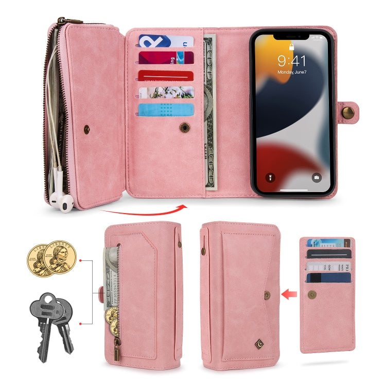 For iPhone 13 Pro Multi-functional Zipper Wallet Leather Phone Case(Pink) - iPhone 13 Pro Cases by buy2fix | Online Shopping UK | buy2fix