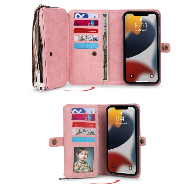 For iPhone 13 Multi-functional Zipper Wallet Leather Phone Case(Pink) - iPhone 13 Cases by buy2fix | Online Shopping UK | buy2fix