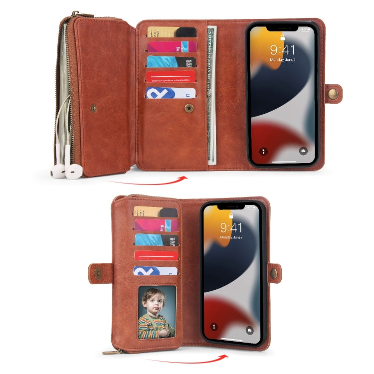 For iPhone 13 mini Multi-functional Zipper Wallet Leather Phone Case(Brown) - iPhone 13 mini Cases by buy2fix | Online Shopping UK | buy2fix