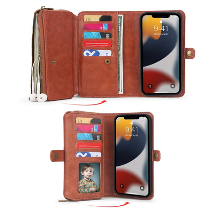 For iPhone 13 mini Multi-functional Zipper Wallet Leather Phone Case(Brown) - iPhone 13 mini Cases by buy2fix | Online Shopping UK | buy2fix