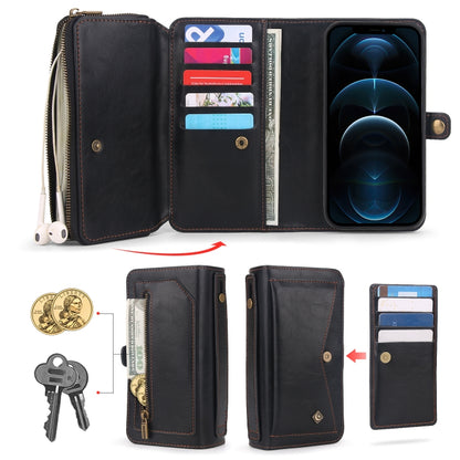 For iPhone 12 Multi-functional Zipper Wallet Leather Phone Case(Black) - iPhone 12 / 12 Pro Cases by buy2fix | Online Shopping UK | buy2fix