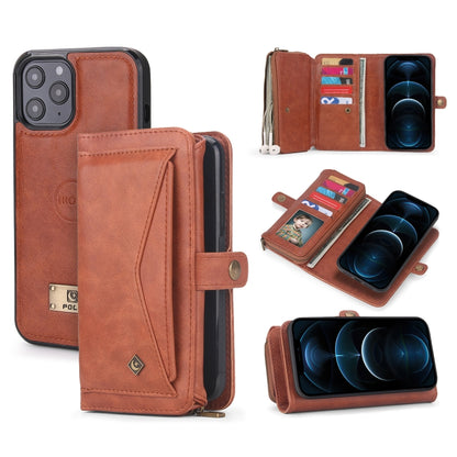 For iPhone 12 Multi-functional Zipper Wallet Leather Phone Case(Brown) - iPhone 12 / 12 Pro Cases by buy2fix | Online Shopping UK | buy2fix