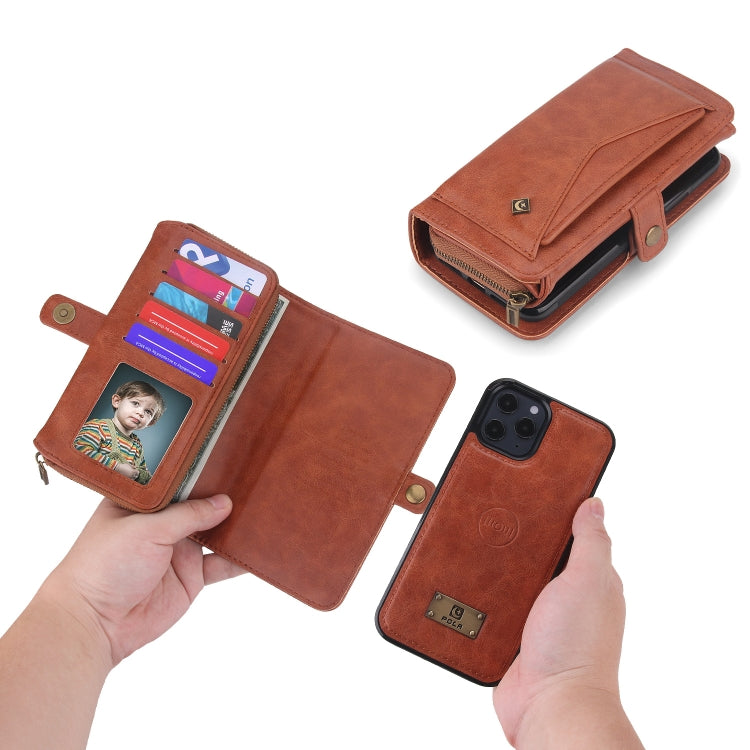 For iPhone 12 Multi-functional Zipper Wallet Leather Phone Case(Brown) - iPhone 12 / 12 Pro Cases by buy2fix | Online Shopping UK | buy2fix