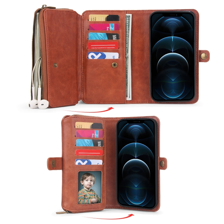 For iPhone 12 Multi-functional Zipper Wallet Leather Phone Case(Brown) - iPhone 12 / 12 Pro Cases by buy2fix | Online Shopping UK | buy2fix