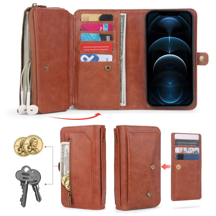 For iPhone 12 Pro Multi-functional Zipper Wallet Leather Phone Case(Brown) - iPhone 12 / 12 Pro Cases by buy2fix | Online Shopping UK | buy2fix