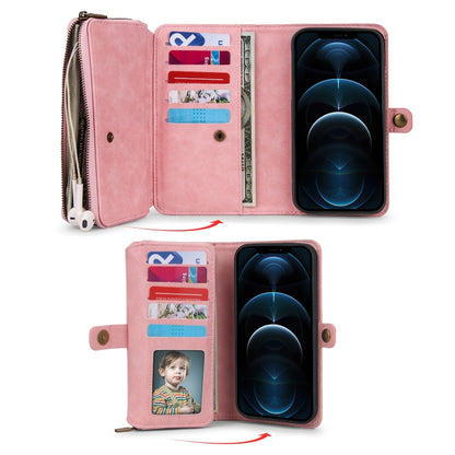 For iPhone 12 Pro Multi-functional Zipper Wallet Leather Phone Case(Pink) - iPhone 12 / 12 Pro Cases by buy2fix | Online Shopping UK | buy2fix