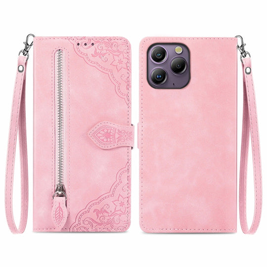 For Blackview A96 Embossed Flower Zipper Leather Phone Case(Pink)