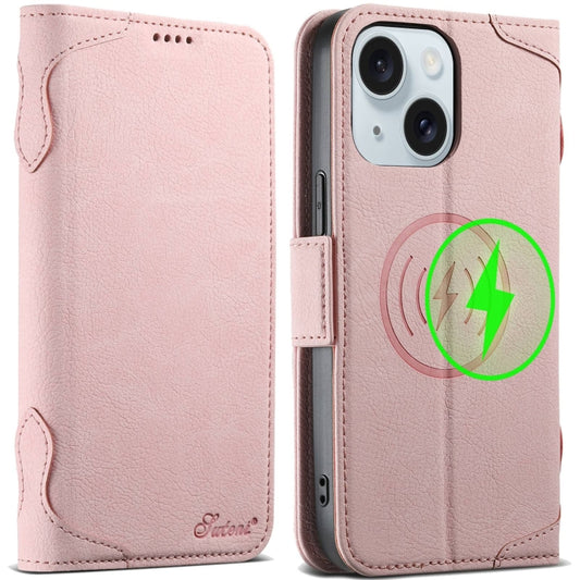 For iPhone 15 Plus SUTENI J07 Multifunctional Horizontal Flip Magsafe Leather Phone Case(Pink) - iPhone 15 Plus Cases by Suteni | Online Shopping UK | buy2fix