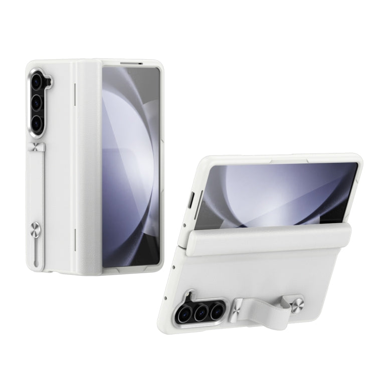 For Samsung Galaxy Z Fold5 5G Wristband Holder Grain Leather Folding Phone Case(White) - Galaxy Z Fold5 Cases by buy2fix | Online Shopping UK | buy2fix