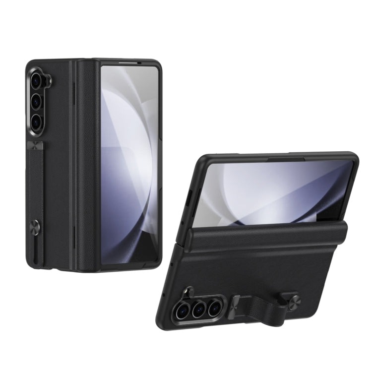 For Samsung Galaxy Z Fold5 5G Wristband Holder Grain Leather Folding Phone Case(Black) - Galaxy Z Fold5 Cases by buy2fix | Online Shopping UK | buy2fix