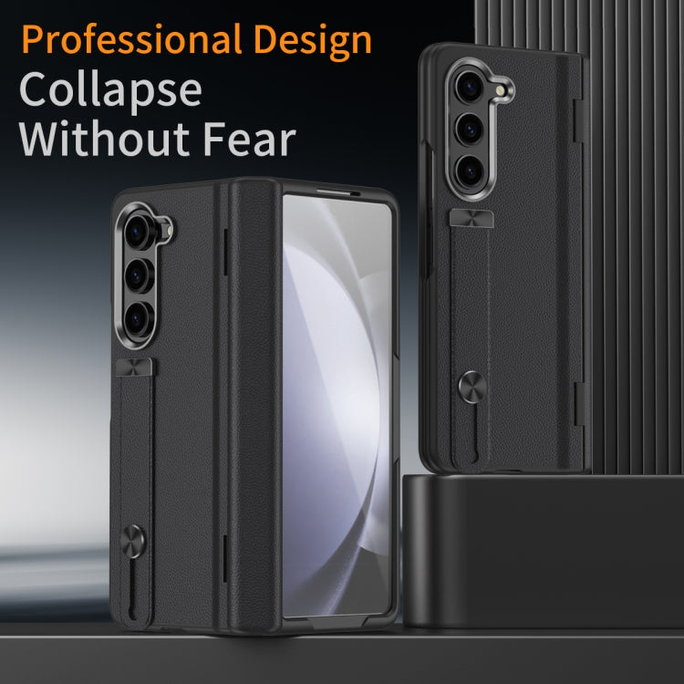 For Samsung Galaxy Z Fold5 5G Wristband Holder Grain Leather Folding Phone Case(Black) - Galaxy Z Fold5 Cases by buy2fix | Online Shopping UK | buy2fix