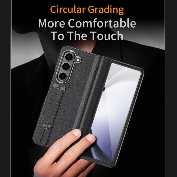 For Samsung Galaxy Z Fold5 5G Wristband Holder Grain Leather Folding Phone Case(Black) - Galaxy Z Fold5 Cases by buy2fix | Online Shopping UK | buy2fix