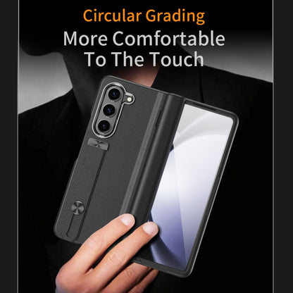 For Samsung Galaxy Z Fold5 5G Wristband Holder Grain Leather Folding Phone Case(Black) - Galaxy Z Fold5 Cases by buy2fix | Online Shopping UK | buy2fix
