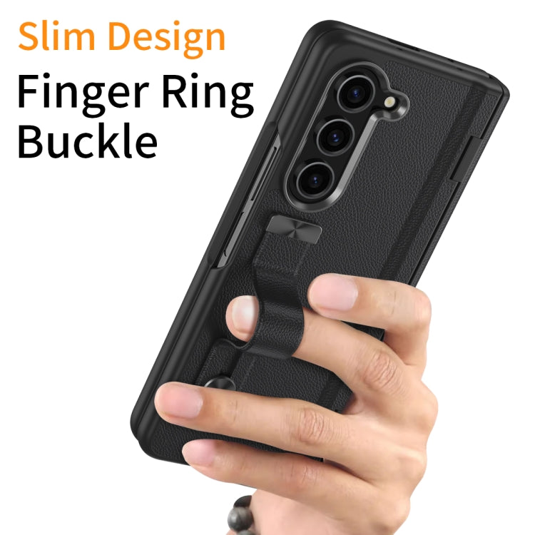 For Samsung Galaxy Z Fold5 5G Wristband Holder Grain Leather Folding Phone Case(Black) - Galaxy Z Fold5 Cases by buy2fix | Online Shopping UK | buy2fix