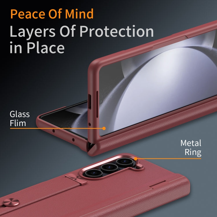 For Samsung Galaxy Z Fold5 5G Wristband Holder Grain Leather Folding Phone Case(Red) - Galaxy Z Fold5 Cases by buy2fix | Online Shopping UK | buy2fix